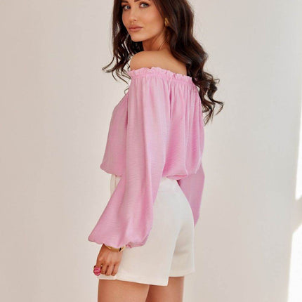 Spanish-Style Puff Sleeve Blouse with Adjustable Neckline and Rose Detail - MimiStylez