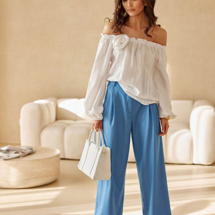 Spanish-Style Puff Sleeve Blouse with Adjustable Neckline and Rose Detail - MimiStylez