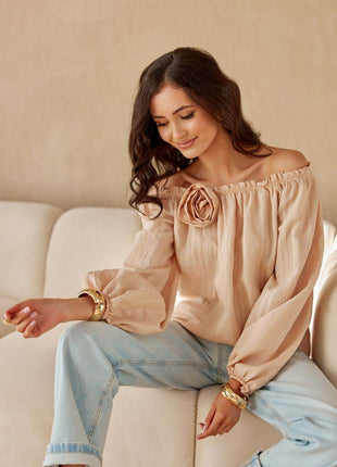 Spanish-Style Puff Sleeve Blouse with Adjustable Neckline and Rose Detail - MimiStylez