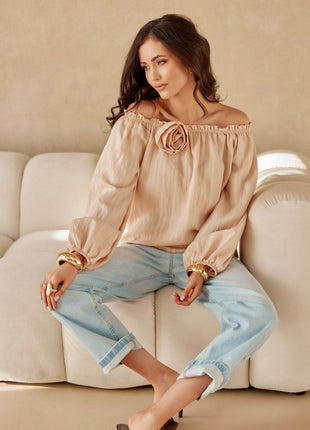 Spanish-Style Puff Sleeve Blouse with Adjustable Neckline and Rose Detail - MimiStylez