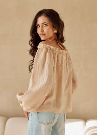 Spanish-Style Puff Sleeve Blouse with Adjustable Neckline and Rose Detail - MimiStylez