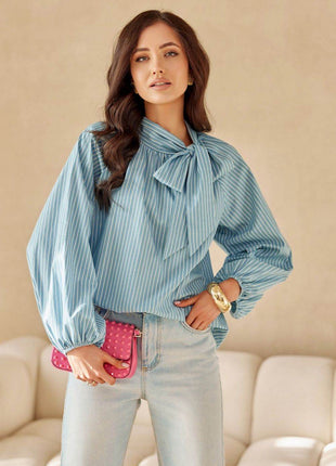 100% Cotton Blouse with Puff Sleeves & Decorative Lace-Up Neckline - MimiStylez