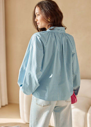 100% Cotton Blouse with Puff Sleeves & Decorative Lace-Up Neckline - MimiStylez