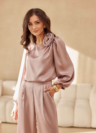 Satin Blouse with Rose Detail & Puffy Sleeves – Elegant & Flowy Fit - MimiStylez