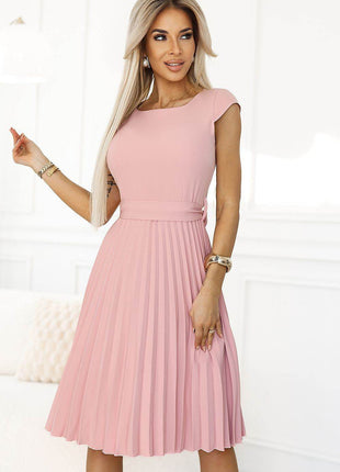 Pleated Midi Dress with Short Sleeves & Belt - MimiStylez