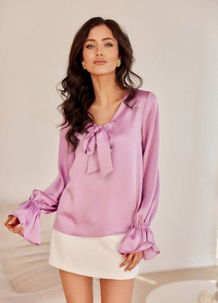 Blouse with Long Puffy Sleeves and Decorative Neck Tie - MimiStylez