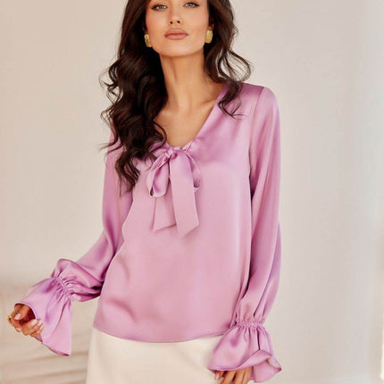 Blouse with Long Puffy Sleeves and Decorative Neck Tie - MimiStylez