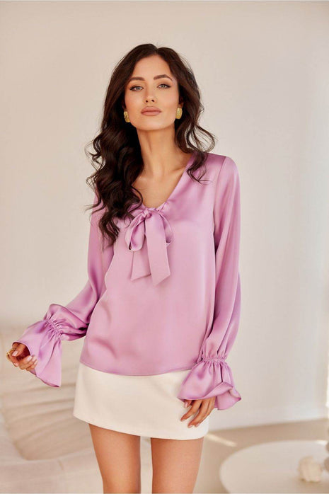 Blouse with Long Puffy Sleeves and Decorative Neck Tie - MimiStylez