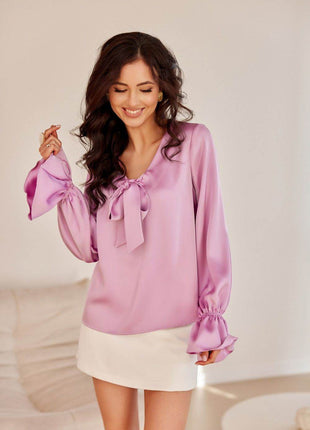 Blouse with Long Puffy Sleeves and Decorative Neck Tie - MimiStylez