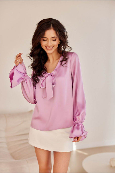Blouse with Long Puffy Sleeves and Decorative Neck Tie - MimiStylez