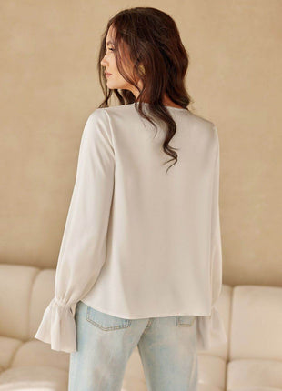 Blouse with Long Puffy Sleeves and Decorative Neck Tie - MimiStylez