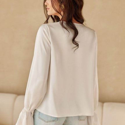 Blouse with Long Puffy Sleeves and Decorative Neck Tie - MimiStylez