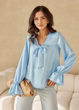 Blouse with Long Puffy Sleeves and Decorative Neck Tie - MimiStylez