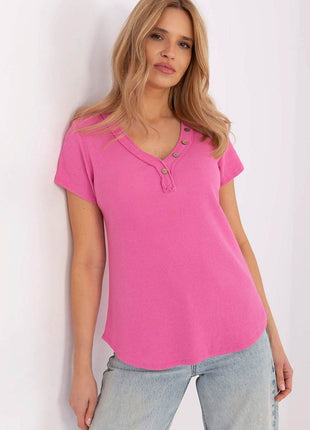 Fitted Ribbed Cotton Blouse with V-Neck and Decorative Buttons - MimiStylez