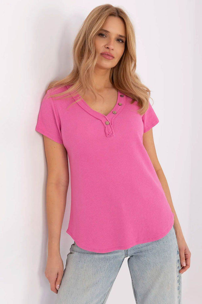 Fitted Ribbed Cotton Blouse with V-Neck and Decorative Buttons - MimiStylez