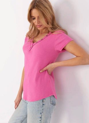 Fitted Ribbed Cotton Blouse with V-Neck and Decorative Buttons - MimiStylez
