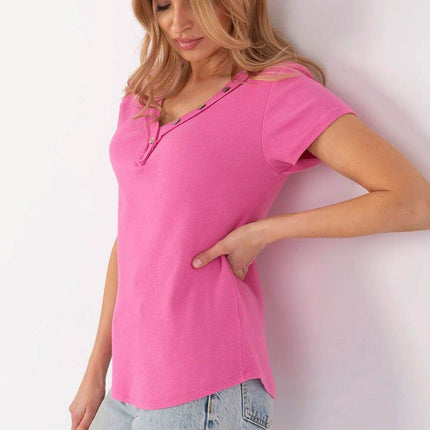 Fitted Ribbed Cotton Blouse with V-Neck and Decorative Buttons - MimiStylez