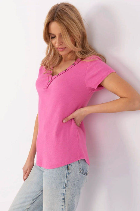 Fitted Ribbed Cotton Blouse with V-Neck and Decorative Buttons - MimiStylez