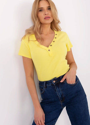 Fitted Ribbed Cotton Blouse with V-Neck and Decorative Buttons - MimiStylez