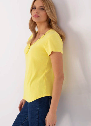 Fitted Ribbed Cotton Blouse with V-Neck and Decorative Buttons - MimiStylez
