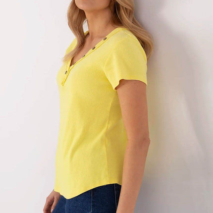 Fitted Ribbed Cotton Blouse with V-Neck and Decorative Buttons - MimiStylez