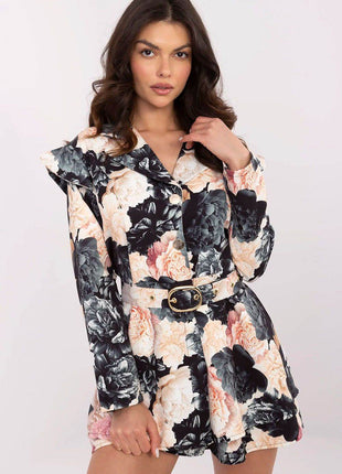 Women's Floral Mini Jumpsuit with Ruffled Shoulders - MimiStylez