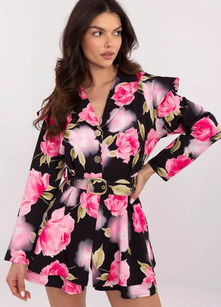 Women's Floral Mini Jumpsuit with Ruffled Shoulders - MimiStylez
