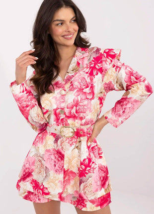 Women's Floral Mini Jumpsuit with Ruffled Shoulders - MimiStylez