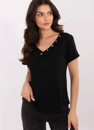 Fitted Ribbed Cotton Blouse with V-Neck and Decorative Buttons - MimiStylez