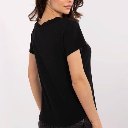 Fitted Ribbed Cotton Blouse with V-Neck and Decorative Buttons - MimiStylez