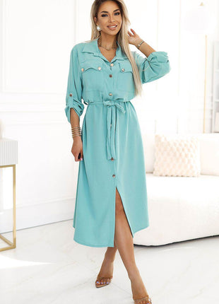 Beige Emery 3/4 Sleeve Midi Dress with Gold Buttons & Waist Tie - MimiStylez