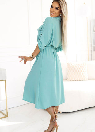 Beige Emery 3/4 Sleeve Midi Dress with Gold Buttons & Waist Tie - MimiStylez