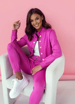 Elegant Two-Piece Women's Set with Zipper Blouse and Tailored Pants - MimiStylez