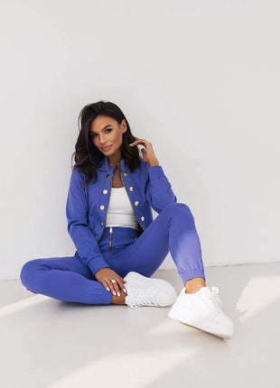 Elegant Two-Piece Women's Set with Zipper Blouse and Tailored Pants - MimiStylez