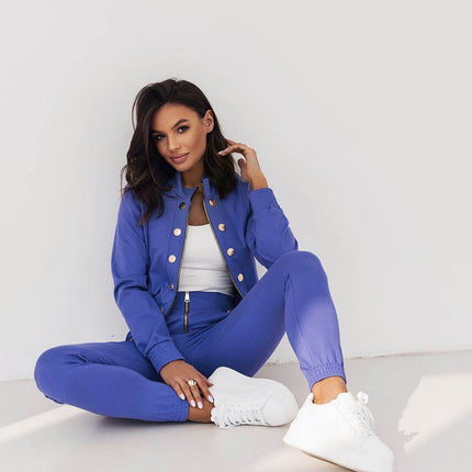 Elegant Two-Piece Women's Set with Zipper Blouse and Tailored Pants - MimiStylez