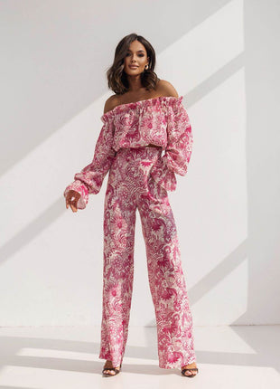 Elegant Two-Piece Women's Set with Spanish Neckline Blouse and High-Waisted Trousers - MimiStylez