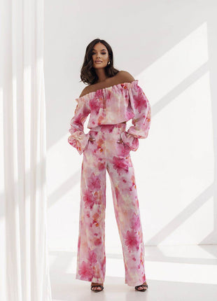 Elegant Two-Piece Women's Set with Spanish Neckline Blouse and High-Waisted Trousers - MimiStylez