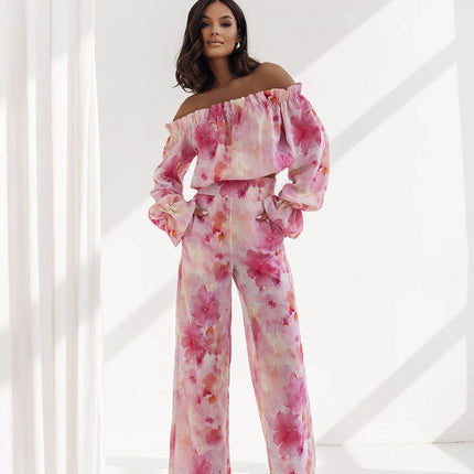 Elegant Two-Piece Women's Set with Spanish Neckline Blouse and High-Waisted Trousers - MimiStylez
