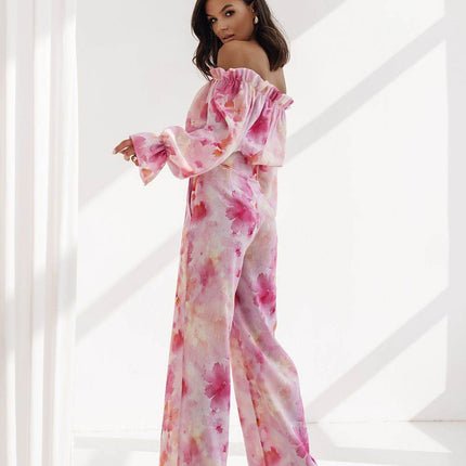Elegant Two-Piece Women's Set with Spanish Neckline Blouse and High-Waisted Trousers - MimiStylez