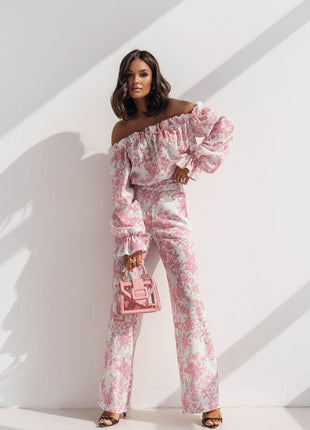 Elegant Two-Piece Women's Set with Spanish Neckline Blouse and High-Waisted Trousers - MimiStylez