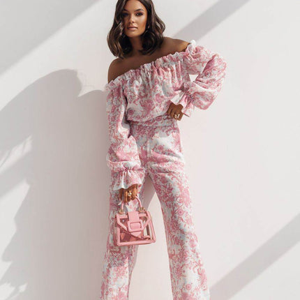 Elegant Two-Piece Women's Set with Spanish Neckline Blouse and High-Waisted Trousers - MimiStylez