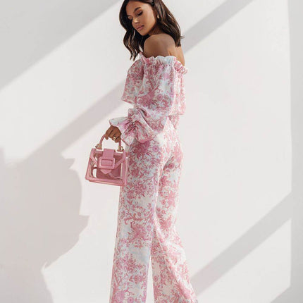 Elegant Two-Piece Women's Set with Spanish Neckline Blouse and High-Waisted Trousers - MimiStylez