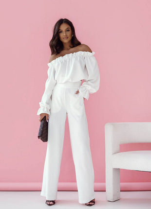 Elegant Two-Piece Women's Set with Spanish Neckline Blouse and High-Waisted Trousers - MimiStylez
