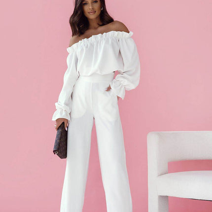 Elegant Two-Piece Women's Set with Spanish Neckline Blouse and High-Waisted Trousers - MimiStylez
