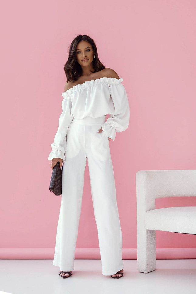 Elegant Two-Piece Women's Set with Spanish Neckline Blouse and High-Waisted Trousers - MimiStylez