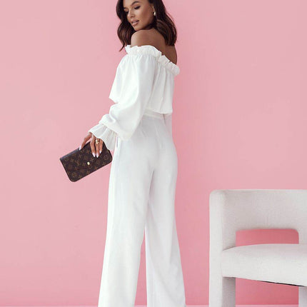 Elegant Two-Piece Women's Set with Spanish Neckline Blouse and High-Waisted Trousers - MimiStylez