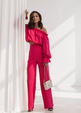 Elegant Two-Piece Women's Set with Spanish Neckline Blouse and High-Waisted Trousers - MimiStylez