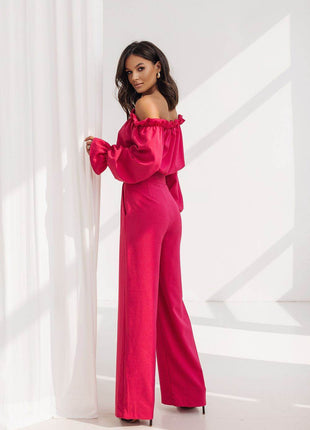 Elegant Two-Piece Women's Set with Spanish Neckline Blouse and High-Waisted Trousers - MimiStylez