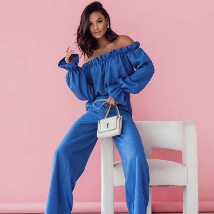 Elegant Two-Piece Women's Set with Spanish Neckline Blouse and High-Waisted Trousers - MimiStylez