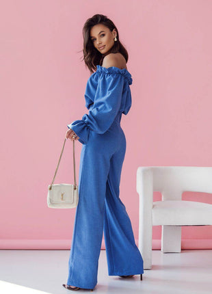 Elegant Two-Piece Women's Set with Spanish Neckline Blouse and High-Waisted Trousers - MimiStylez